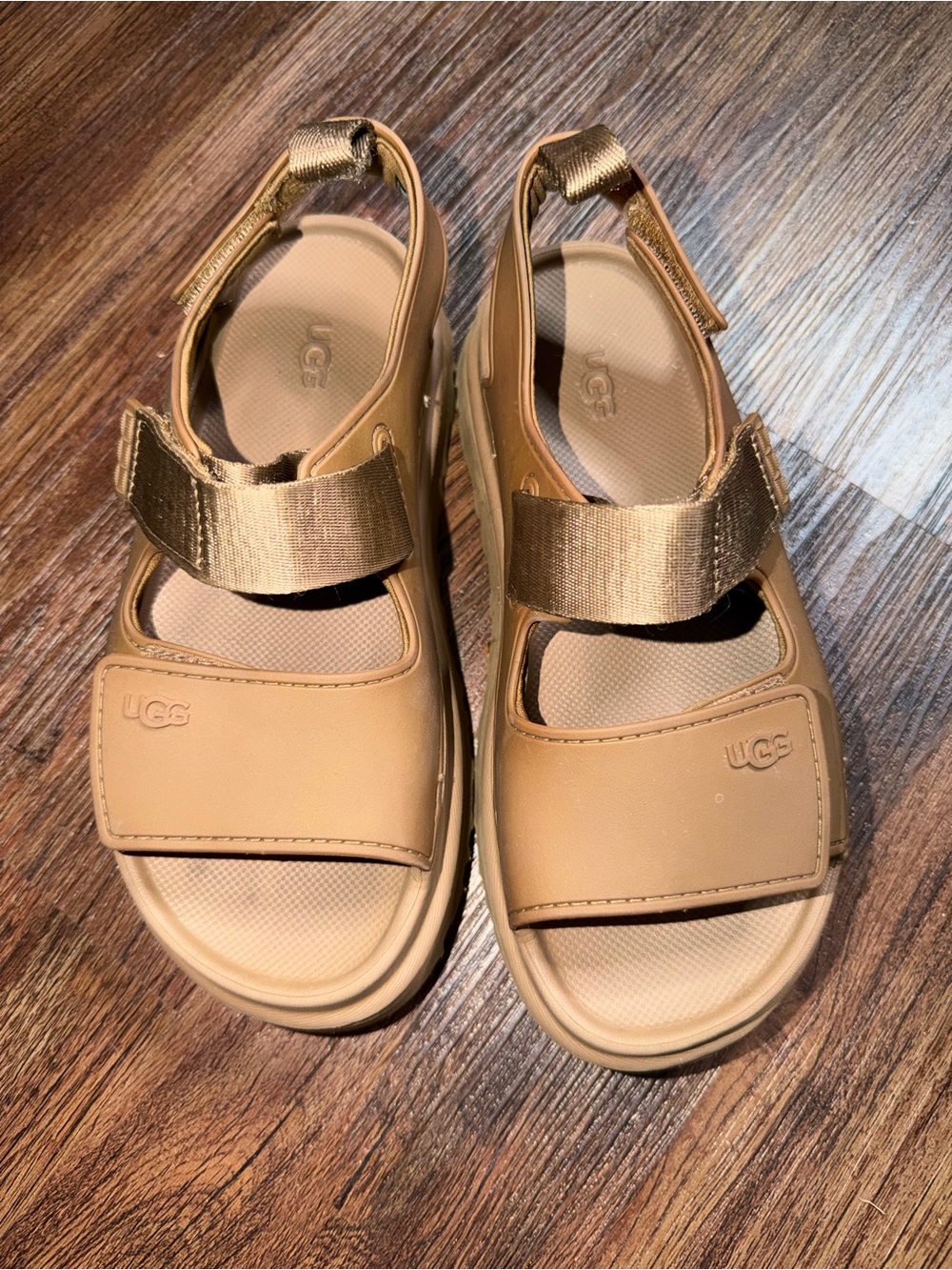 UGG Kids Tan Sandals with Metallic Gold Straps